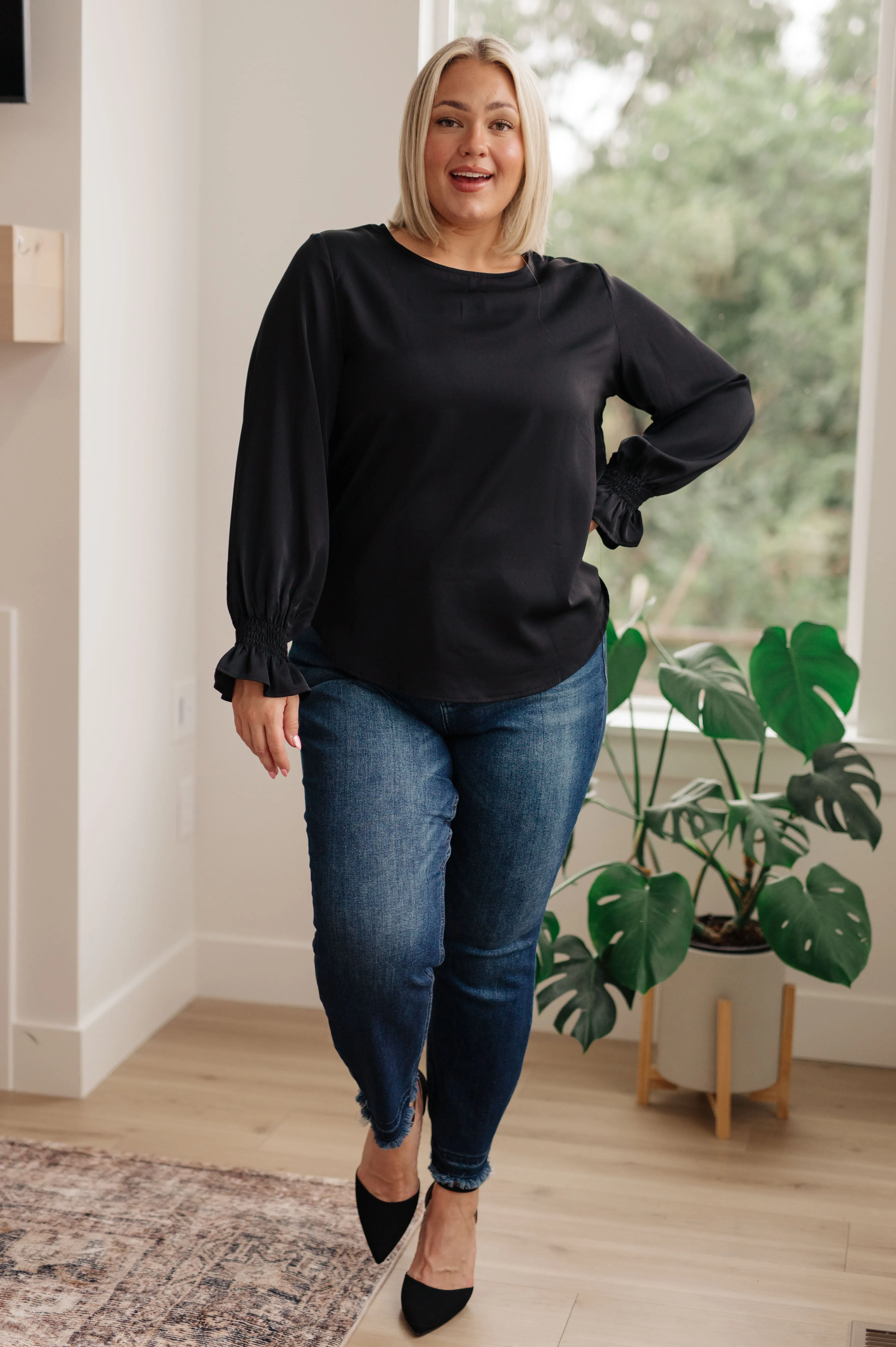 Smocked Sleeve Blouse in Black