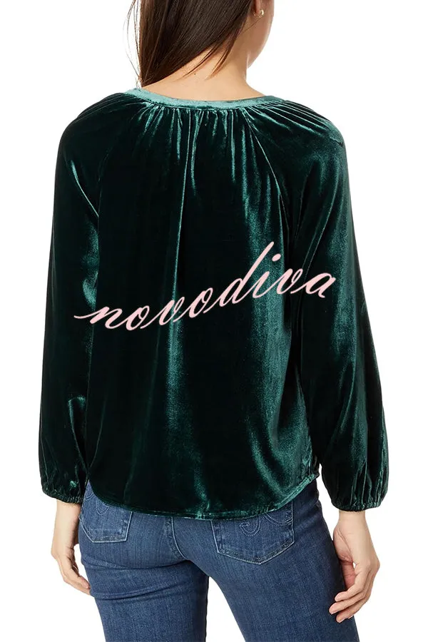 Solid Color Velvet V-neck Long-sleeved Shirt