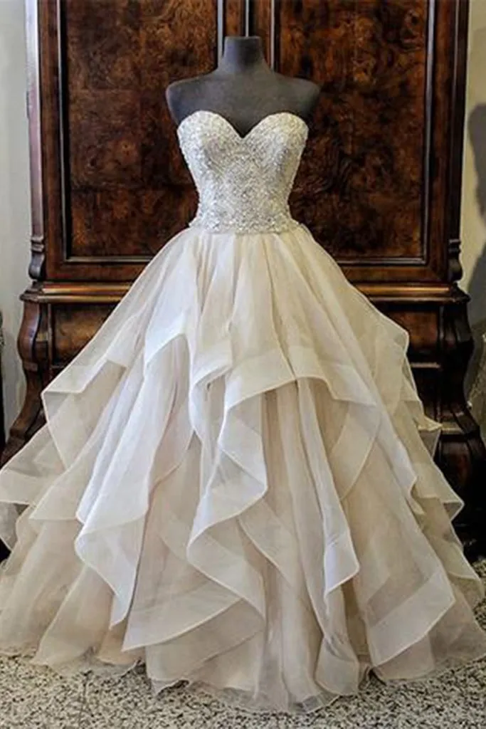 White organza sequins sweetheart tired prom dresses,ball gown luxurious wedding dresses